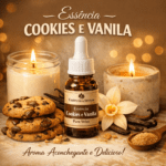 “Frasco de essência Cookies e Vanilla ao lado de vela aromática acesa”