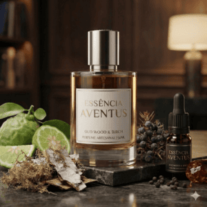 "Infográfico quadrado mostrando a pirâmide olfativa do perfume artesanal Essência Aventus, dividido em notas de topo com abacaxi e bergamota, coração com bétula e patchouli, e fundo com almíscar e âmbar cinzento."