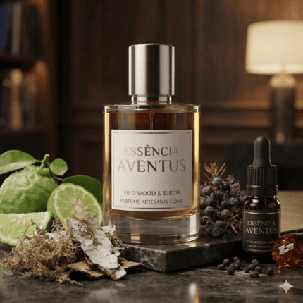 "Infográfico quadrado mostrando a pirâmide olfativa do perfume artesanal Essência Aventus, dividido em notas de topo com abacaxi e bergamota, coração com bétula e patchouli, e fundo com almíscar e âmbar cinzento."
