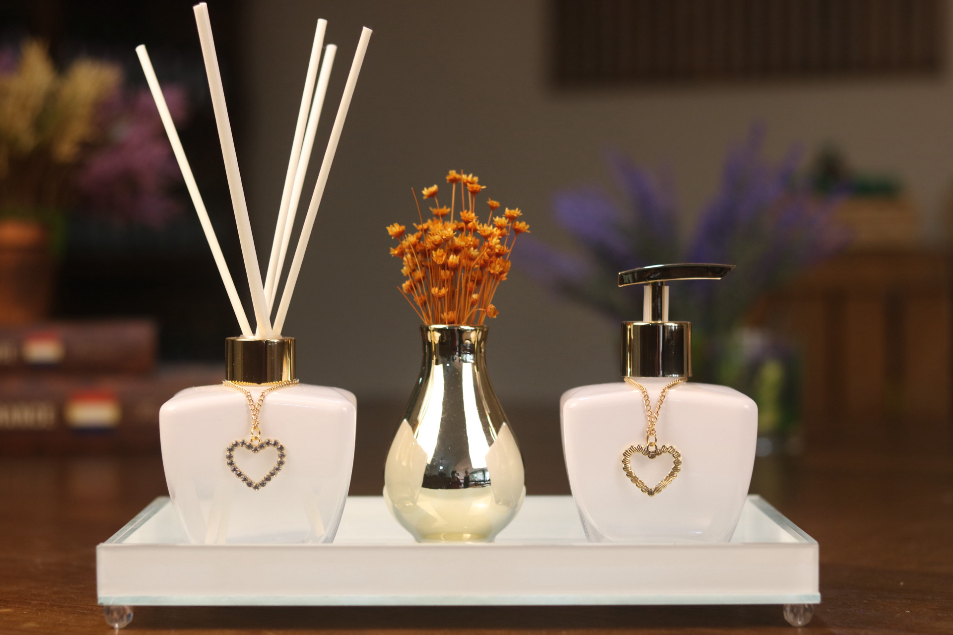 Kit Lavabo Estrela Branco Difusor de Varetas + Saboneteira com Bandeja Branca