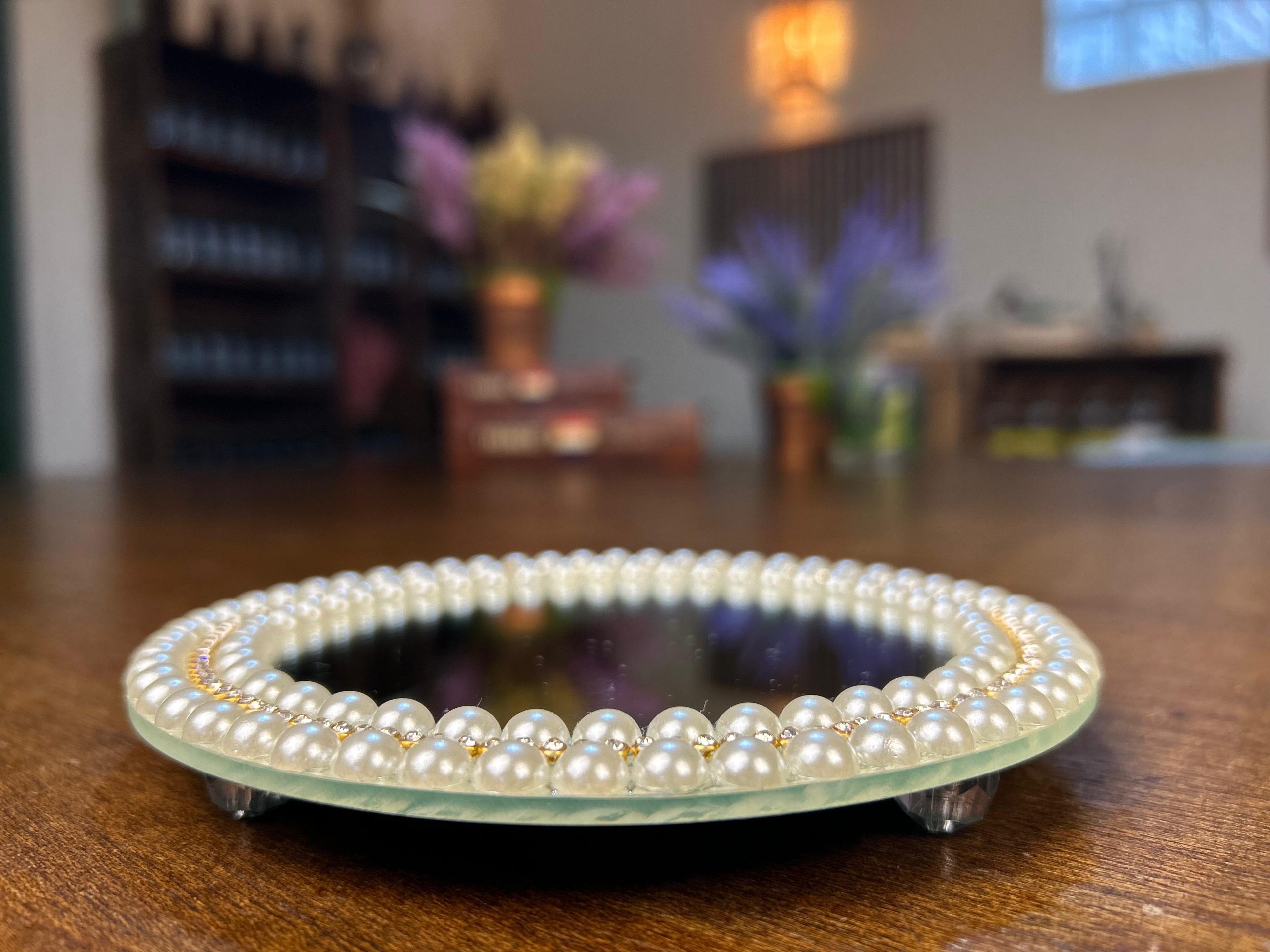 Bandeja Perolas Redonda 15 cm pérolas/strass dourado