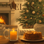 Frasco de Essência Panetone Trufado ao lado de uma vela artesanal decorada para o Natal, representando perfume doce e acolhedor."