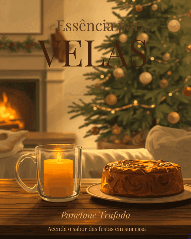 Frasco de Essência Panetone Trufado ao lado de uma vela artesanal decorada para o Natal, representando perfume doce e acolhedor."