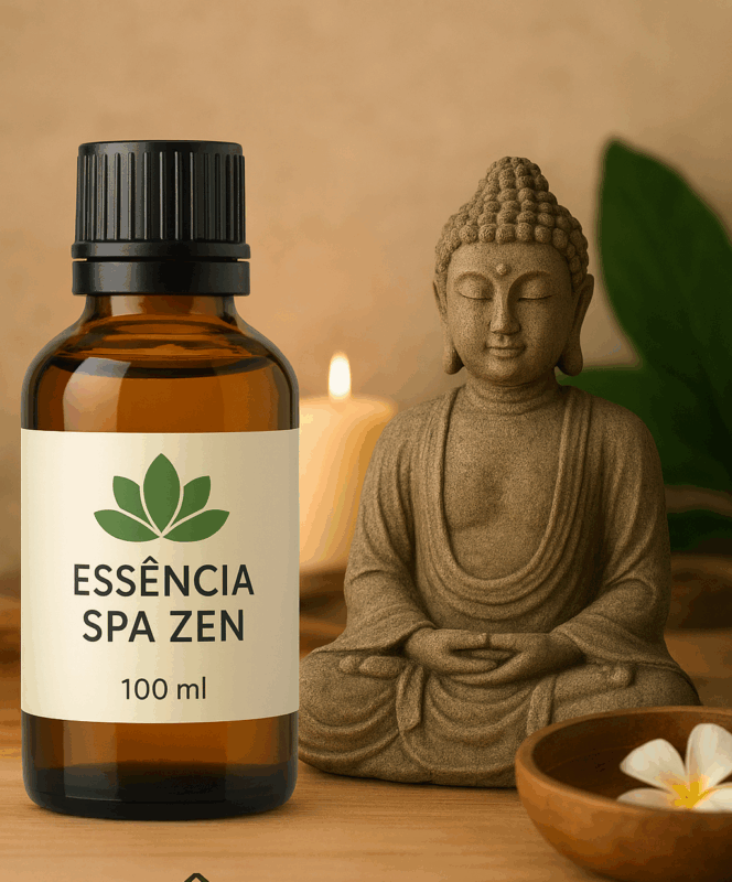 Frasco de Essência Spa Zen 100 ml com Buda e atmosfera de spa relaxante