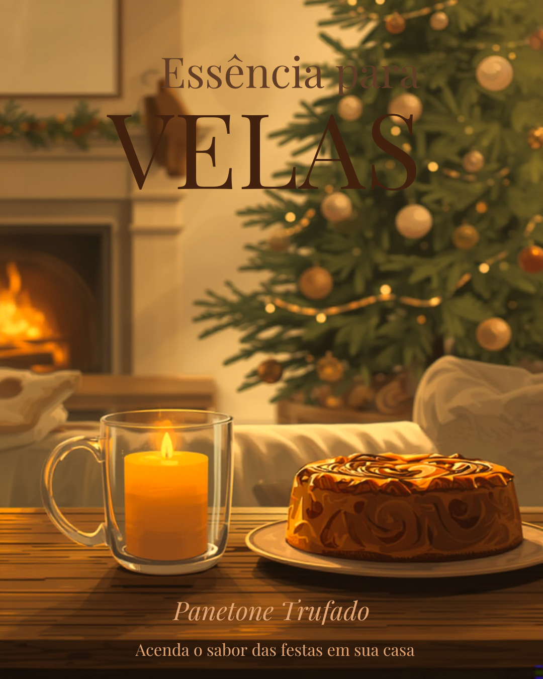 Frasco de Essência Panetone Trufado ao lado de uma vela artesanal decorada para o Natal