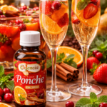 Frasco de Essência Ponche com taças e frutas em composição inspirada em bebida aromática sofisticada